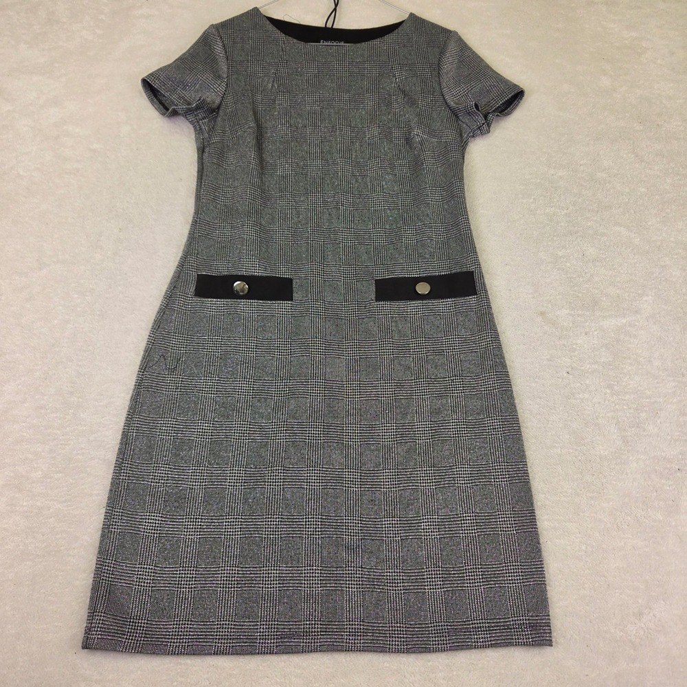 Enfocus Studio Womens Glen Plaid Metallic Shift Dress Black Silver Size 4